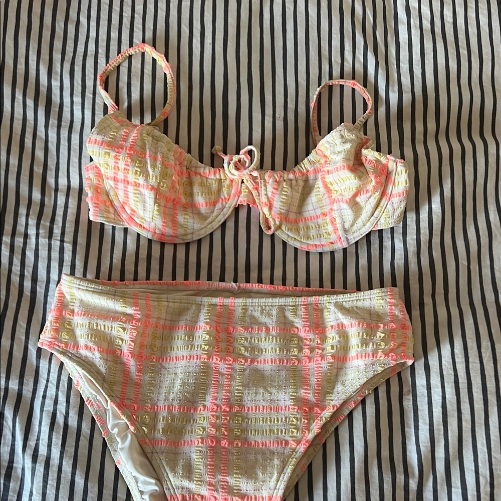 Roxy Neon Pink and Cream Plaid Bikini Set